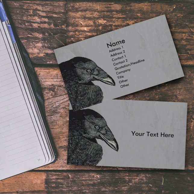 Cartão De Visita Assombrando Cinza Preta De Rosto (Illustration of head beak of black crow on marbled grey business cards.)