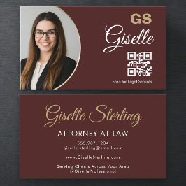 Cartão De Visita Attorney at Law Burgundy Gold Photo QR Code