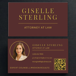 Cartão De Visita Attorney at Law Burgundy Gold Photo QR Code