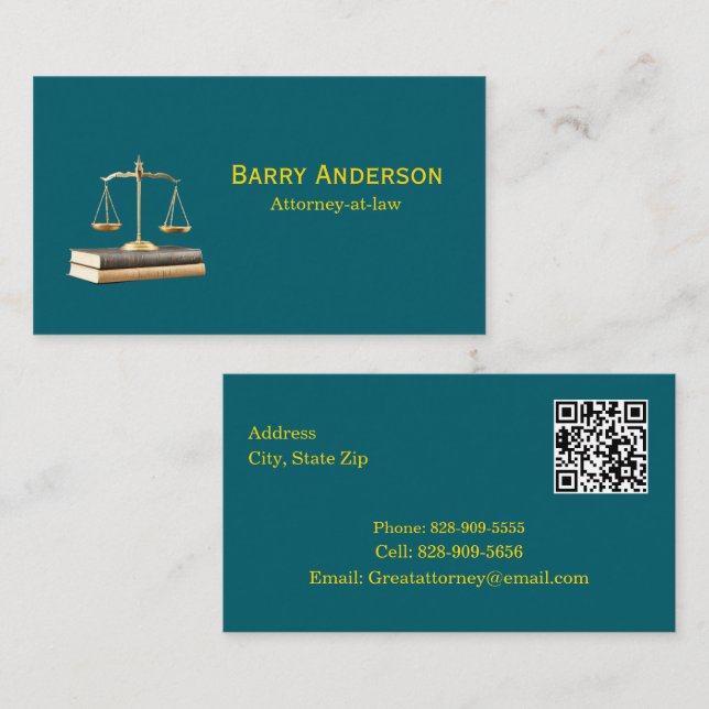 Cartão De Visita Attorney Justice Scales & Books with QR code (Frente/Verso)