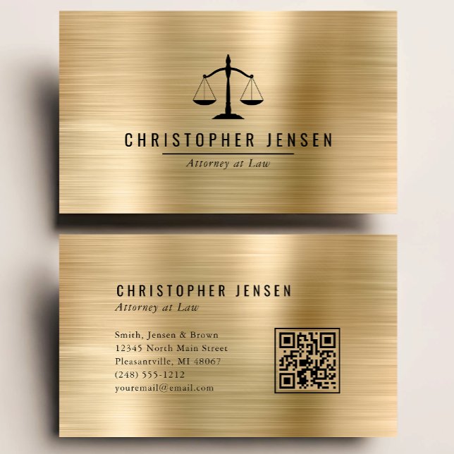 Cartão De Visita Attorney QR Code Black Scales Gold Brushed Metal (Criador carregado)
