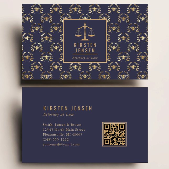 Cartão De Visita Attorney QR Code Dark Blue Gold Bee Laurel Pattern (Criador carregado)