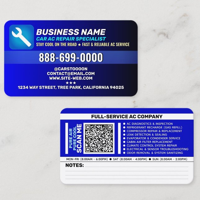 Cartão De Visita Auto Air Conditioner Service | Best Car AC Repair (Shop car air conditioner repair business cards in blue color)