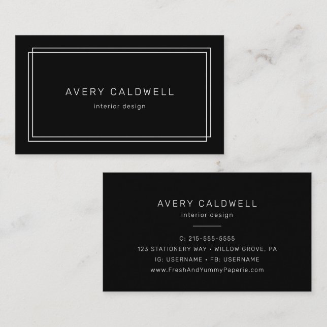 Cartão De Visita AVERY Modern Black Double Frame Business Card (Frente/Verso)