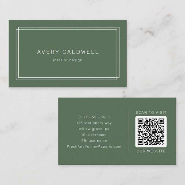 Cartão De Visita AVERY Rústico Verde Escuro Boho Quadro Duplo Códig (Frente/Verso)