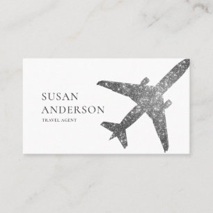 Cartão De Visita Avião Glitter Faux Silver, agente viagem