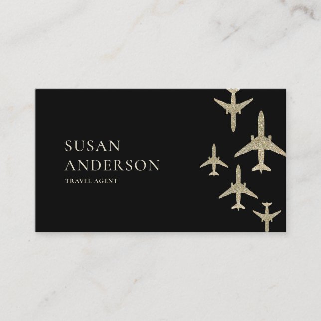 Cartão De Visita Aviões Glitter Dourados com Agente viagem (Frente)