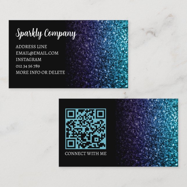 Cartão De Visita Azul Aqua Ombre faux sparkle black elegle code QR (Frente/Verso)