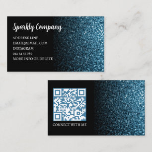Cartão De Visita Azul bebê falso brilho preto elegante código QR