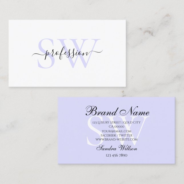 Cartão De Visita Azul-bebê pastel branco elegante com iniciações (Frente/Verso)