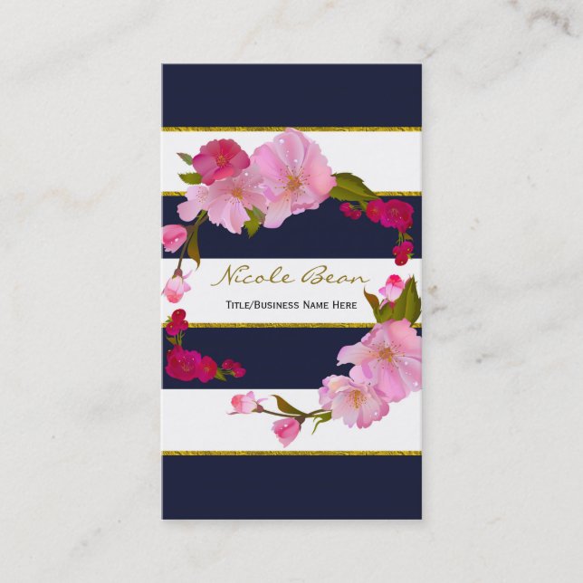 Cartão De Visita Azul, branco e Dourado Glamor Floral Moderno (Frente)