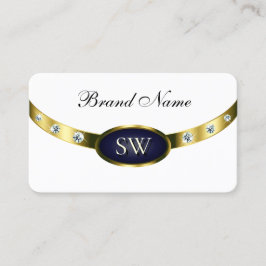 Cartão De Visita Azul branco moderno escuro e Dourado com monograma