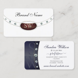 Cartão De Visita Azul branco moderno escuro e Dourado com monograma