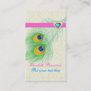 Cartão De Visita Azul da pena de pavão rosa quente chamativo