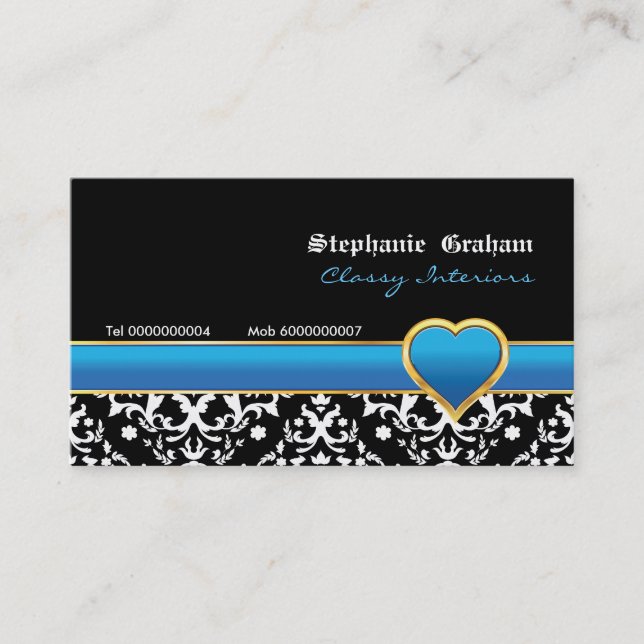 Cartão de visita azul-damasco branco preto (Frente)
