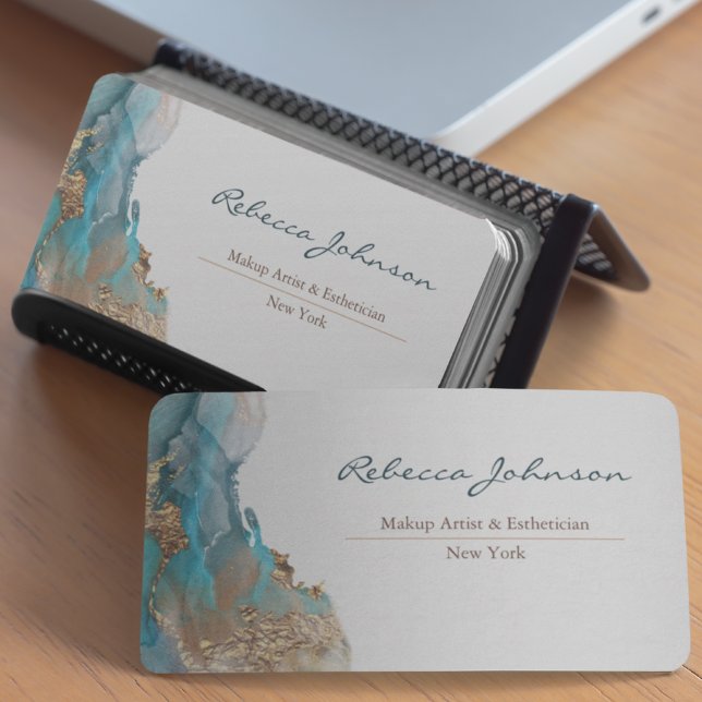Cartão De Visita Azul, Dourado, Abstrato de Aquarela (Elegant business cards designed for you)