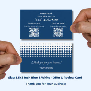 Cartão De Visita Azul e Branco - Obrigado com Solicitação de Avalia