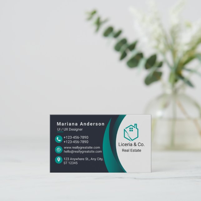 Cartão de visita azul e branco/preto Elegante (Em pé/Frente)