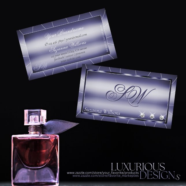 Cartão De Visita Azul Elegância com Ouros Sparkle e Monograma (Criador carregado)