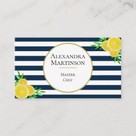 Cartão De Visita Azul Elegante Stripes Brancas Aquarelas Lemons Che