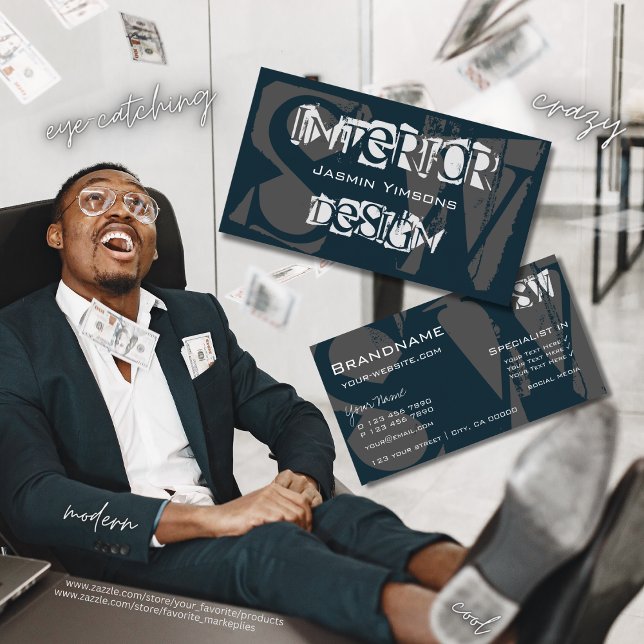 Cartão De Visita Azul escuro moderno Branco e Cinzas Legal com Inic (Criador carregado)