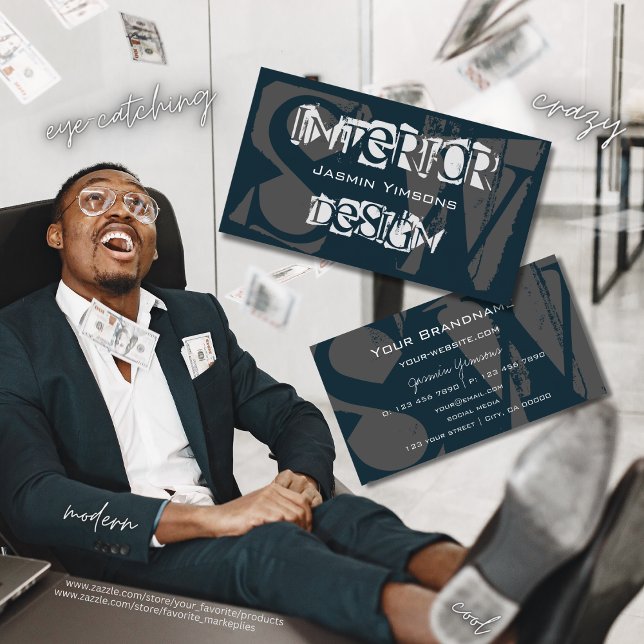 Cartão De Visita Azul escuro moderno Branco e Cinzas Legal com Mono (Criador carregado)