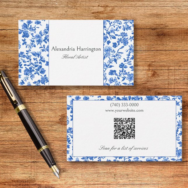 Cartão De Visita Azul Floral com Código QR (Criador carregado)
