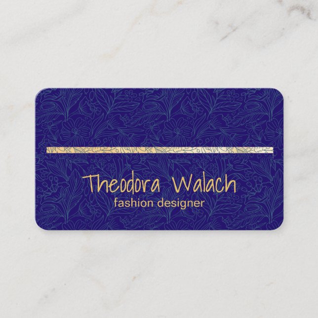 Cartão De Visita Azul Floral Dourado de luxo (Frente)