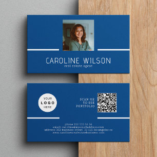 Cartão De Visita Azul-foto do logotipo do CÓDIGO QR profissional mo
