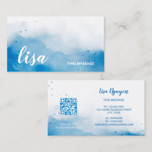 Cartão de Visita Azul Fundo Aquarela Código QR
