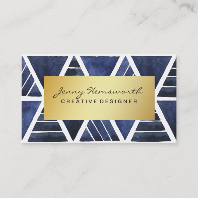 Cartão De Visita Azul geométrico Dourado Luxe moderno da aguarela (Frente)