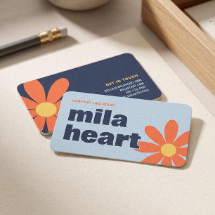 Cartão De Visita Azul Laranja Floral Retro