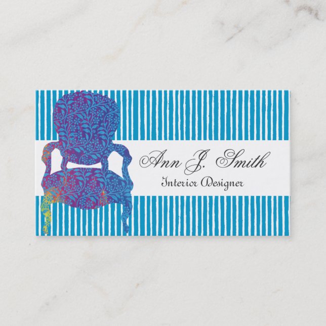 Cartão De Visita Azul listrado do designer de interiores elegante (Frente)