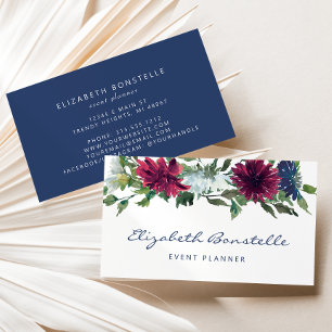 Cartão De Visita Azul Marinho Burgundy Floral Aquarela