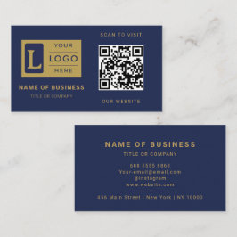 Cartão De Visita Azul Marinho Moderno Código QR Dourado Logotipo Pe