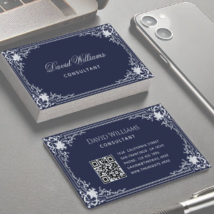 Cartão De Visita Azul Marinho Vintage Elegante Código QR de Rosto n