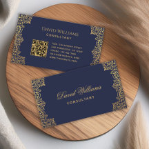 Azul Marinho Vintage Elegante com Código QR Dourad