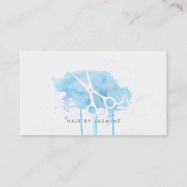 Cartão De Visita azul moderno chique da aguarela do cabelo do (Frente)