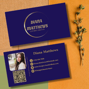 Cartão De Visita Azul Ouro Moderno, Código QR Foto Profissional