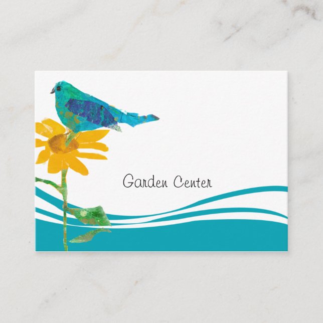 Cartão De Visita Azul Pássaro Colagem Floral do Girassol (Frente)