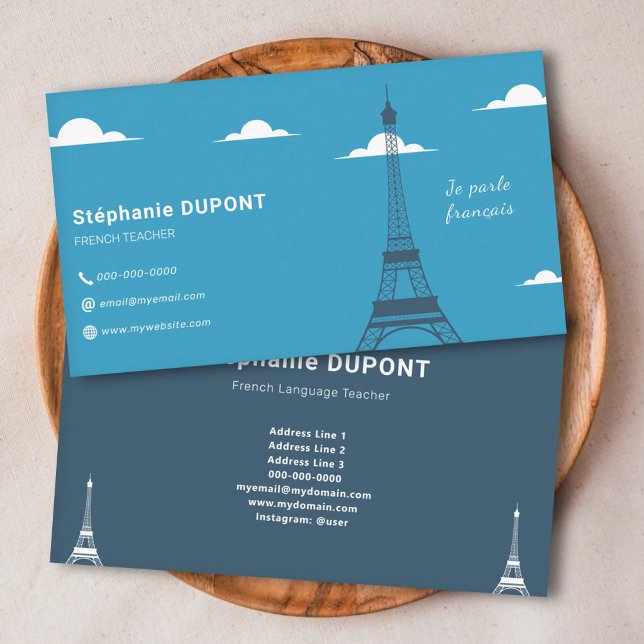 Cartão De Visita Azul-professor francês (French Teacher Blue Business Card)
