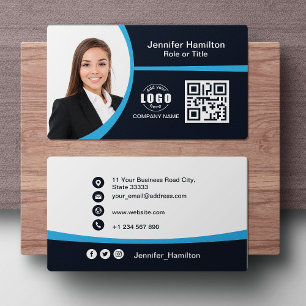 Cartão De Visita Azul profissional adicione o seu código QR de log
