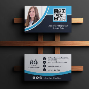 Cartão De Visita Azul profissional adicione o seu logotipo, QR Code