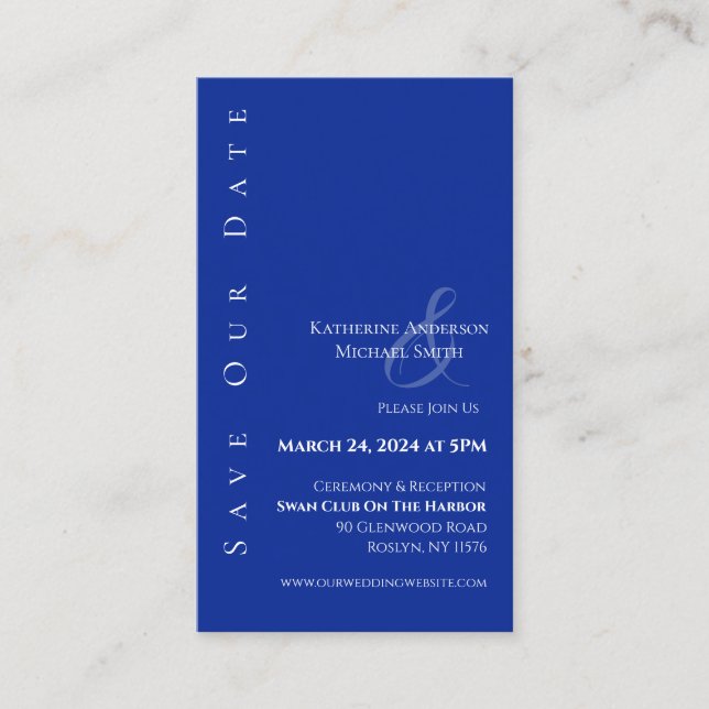 Cartão De Visita Azul simples moderno e branco - Salve a data (Frente)