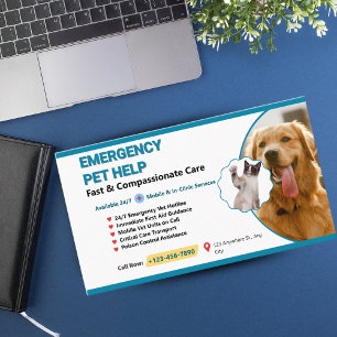 Cartão De Visita Azul-turquesa e Amarelo Emergência Veterinária de