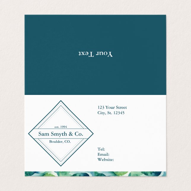 Cartão De Visita Azul/Verde na Design da empresa branca (Exterior Desdobrado)