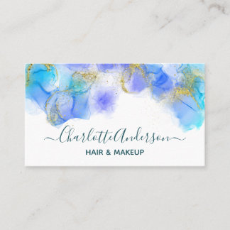 Cartão De Visita Azul Vibrante e Abstrato Dourado Cores Líquidas