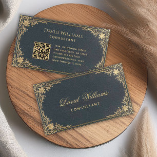 Cartão De Visita Azul Vintage Ouro Elegante Script & Código QR