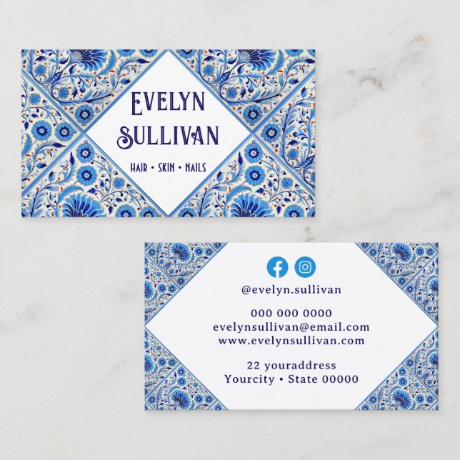 Cartão de visita azulejo mediterrânico azul-floral (Frente/Verso)