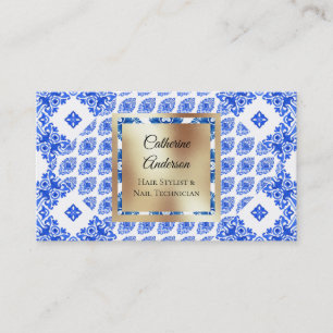 Cartão De Visita azulejos brancos azuis, de cor dourada, Mediterrâ